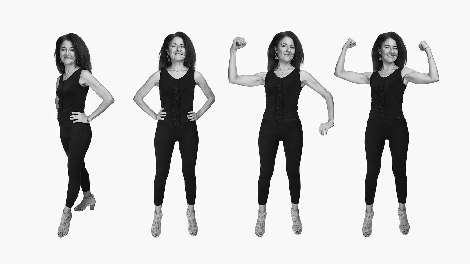 4 portraits en silhouette avec des poses différentes d'une même jeune femme en legging